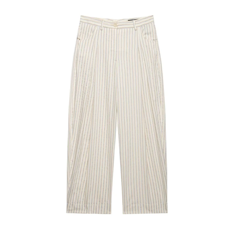 Damen Weite High‑Waist‑Hose aus leichter Baumwollmischung mit feinem Nadelstreifen und Bundfalten Drune