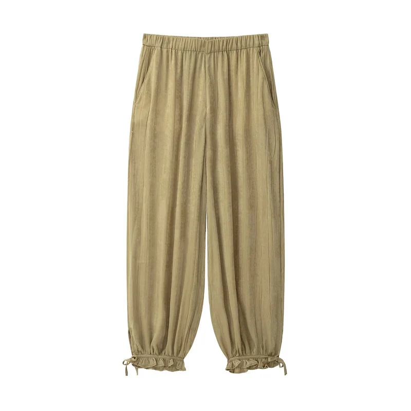 Damen Weite Crinkle-Hose mit Gummibund, Seitentaschen und Bindebündchen Drune