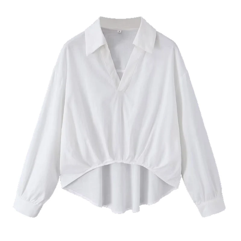 Damen Weite Bluse mit V‑Ausschnitt, Hemdkragen und gerafftem Hoch-Tief-Saum Drune