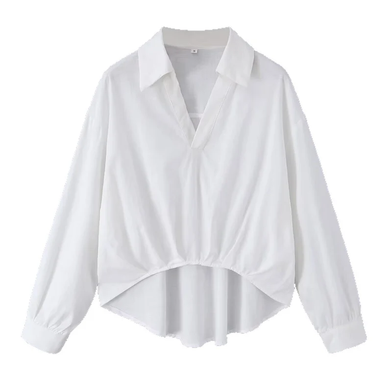 Damen Weite Bluse mit V‑Ausschnitt, Hemdkragen und gerafftem Hoch-Tief-Saum Drune