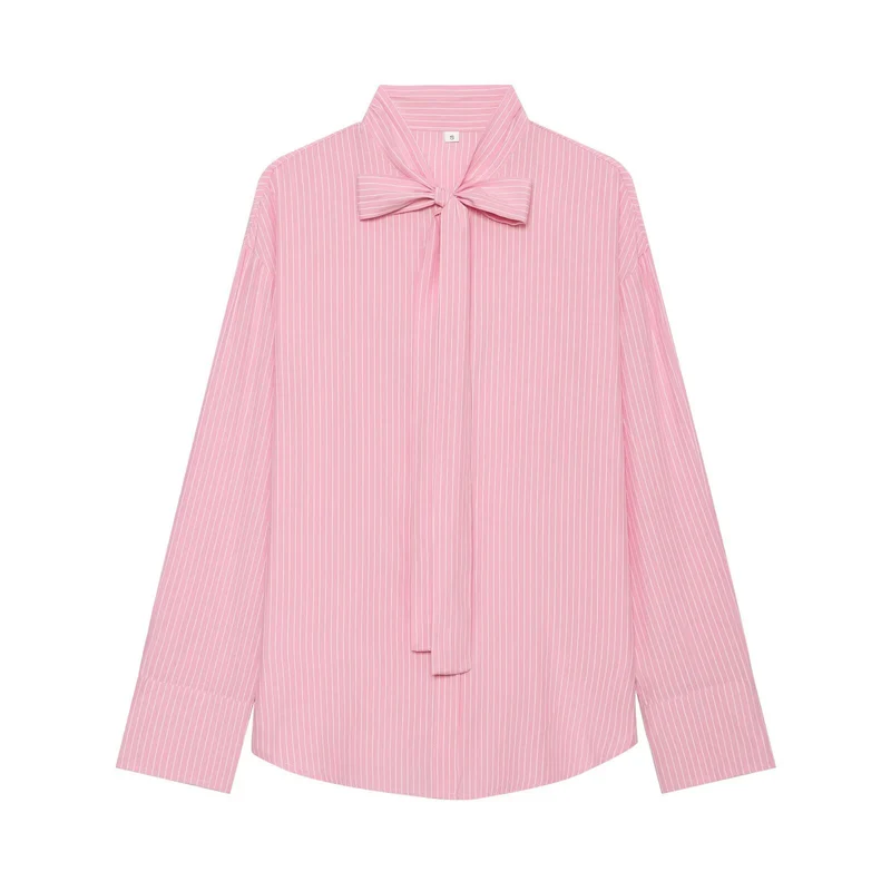 Damen Weite Bluse mit Schluppenkragen und Nadelstreifen Drune