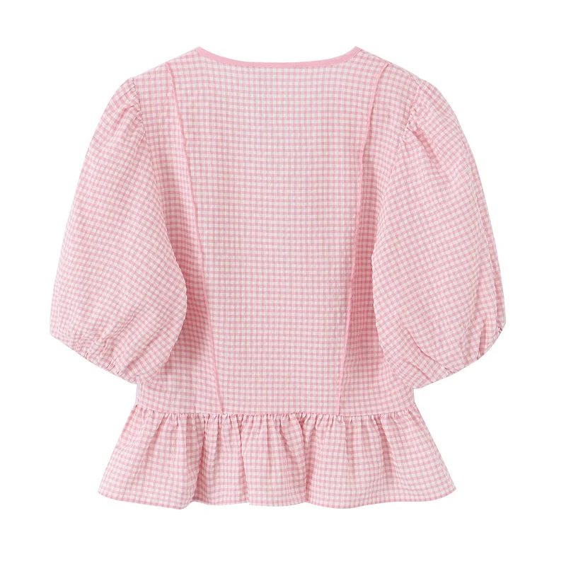 Damen Vichy-Karo Bluse mit tiefem V-Ausschnitt, Puffärmeln und Schößchen Drune