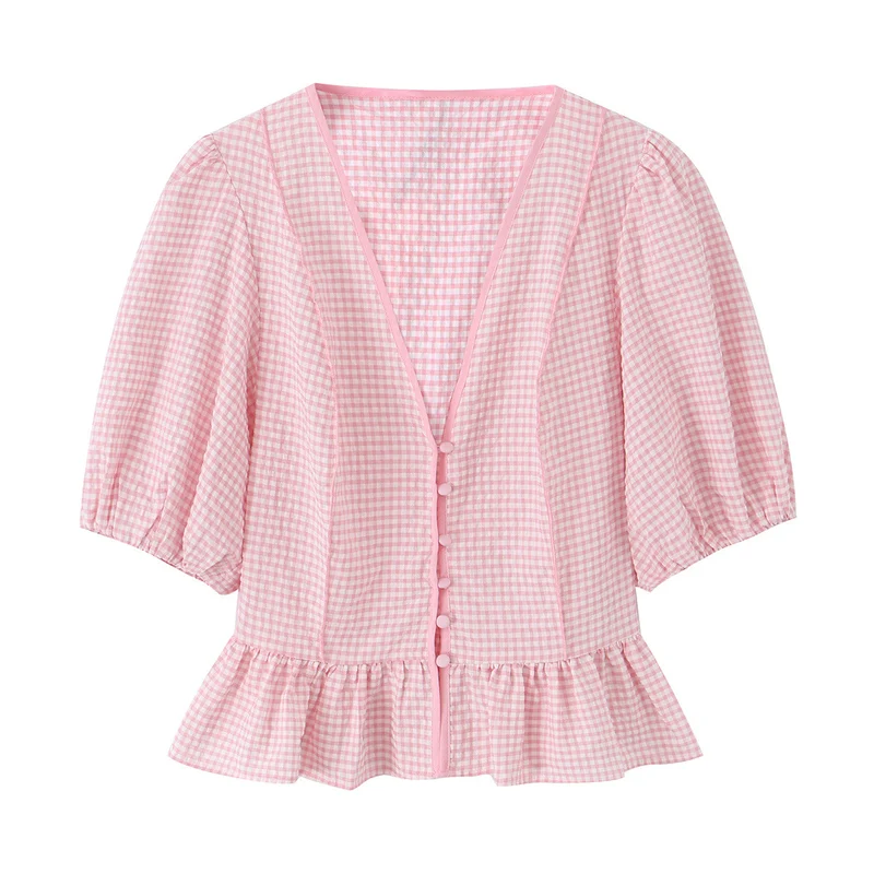 Damen Vichy-Karo Bluse mit tiefem V-Ausschnitt, Puffärmeln und Schößchen Drune