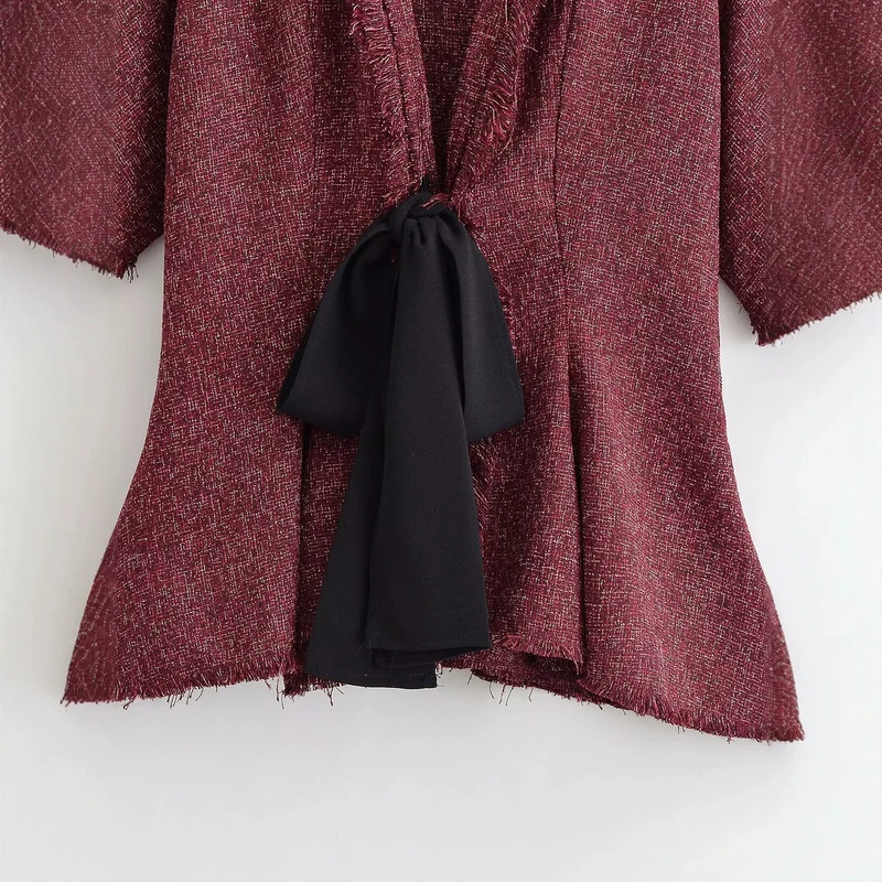 Damen Tweed-Kimonojacke mit Fransenbesatz und dekorativem Bindeschal Drune
