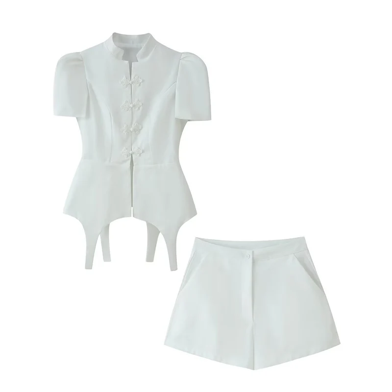 Damen Taillierter Zweiteiler mit Korsagen-Top, Mandarin-Kragen und High‑Waist Tailored Shorts Drune