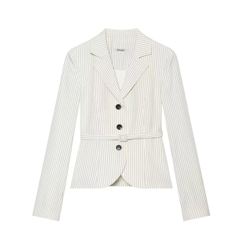 Damen Taillierter Nadelstreifen-Blazer mit Gürtel und Dreiknopfverschluss Drune