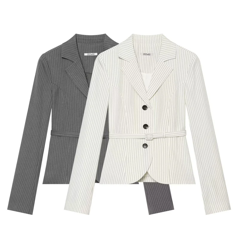 Damen Taillierter Nadelstreifen-Blazer mit Gürtel und Dreiknopfverschluss Drune