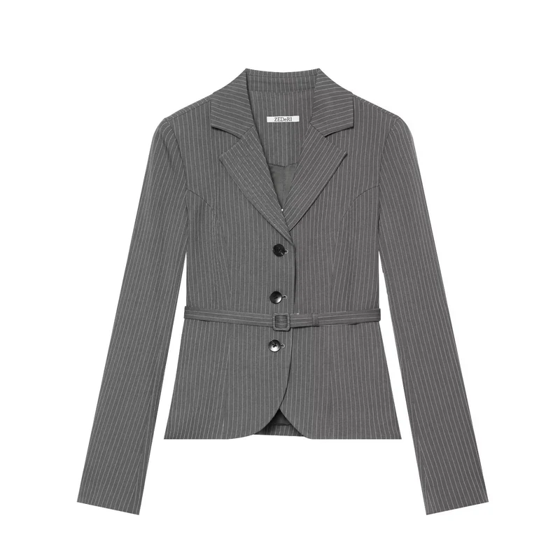 Damen Taillierter Nadelstreifen-Blazer mit Gürtel und Dreiknopfverschluss Drune