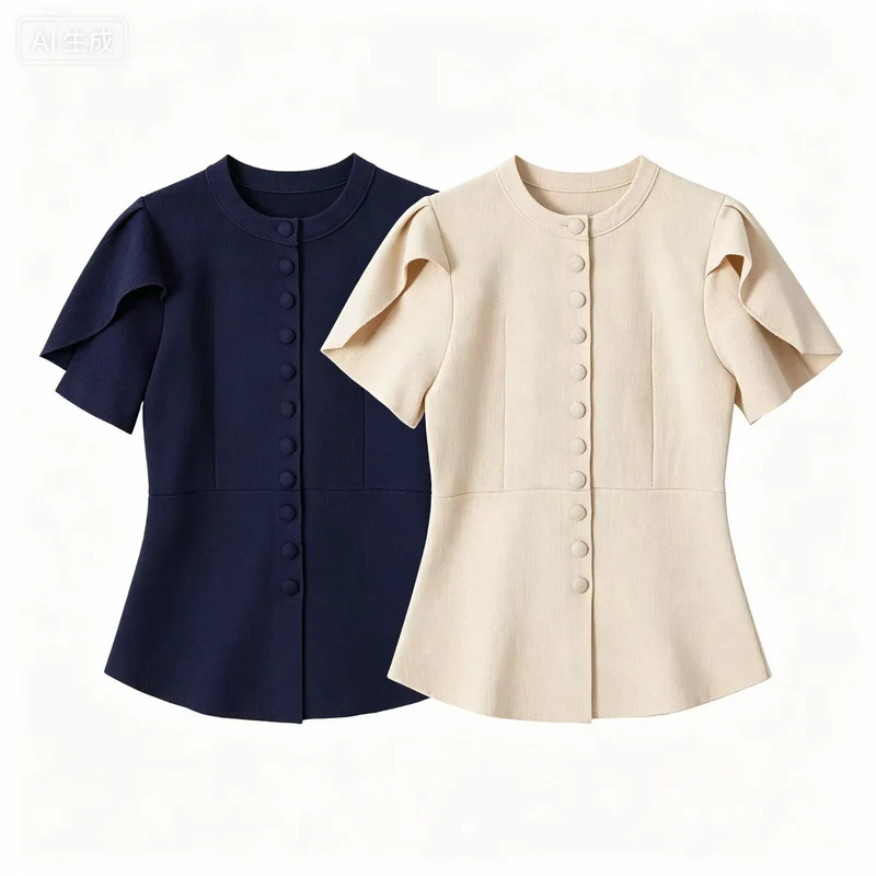 Damen Taillierte Stretch-Strickbluse mit verdeckten Stoffknöpfen und doppelten Volantärmeln Drune