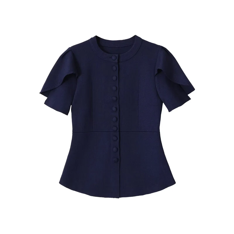 Damen Taillierte Stretch-Strickbluse mit verdeckten Stoffknöpfen und doppelten Volantärmeln Drune