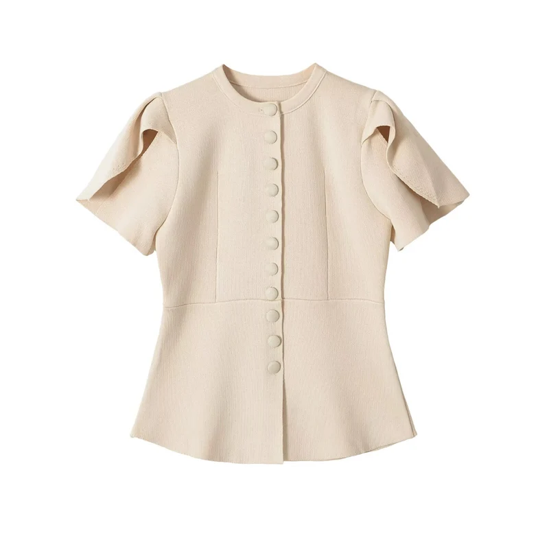 Damen Taillierte Stretch-Strickbluse mit verdeckten Stoffknöpfen und doppelten Volantärmeln Drune