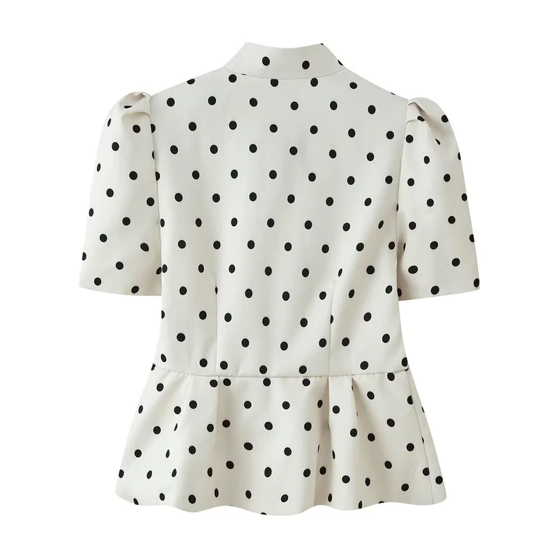 Damen Taillierte Polka‑Dot Bluse mit Stehkragen, Puffärmeln und Schößchen Drune