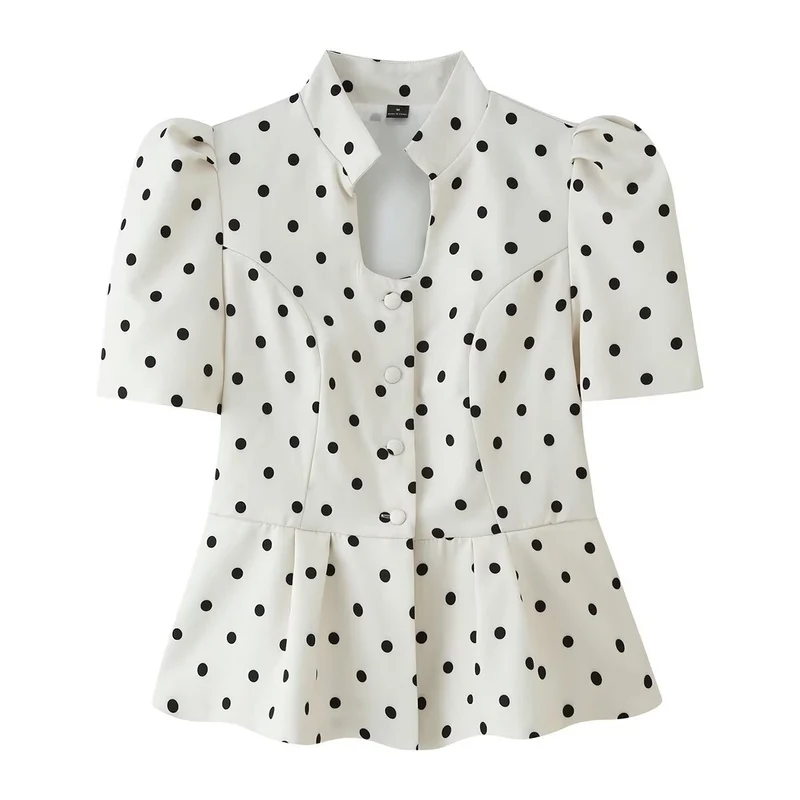 Damen Taillierte Polka‑Dot Bluse mit Stehkragen, Puffärmeln und Schößchen Drune