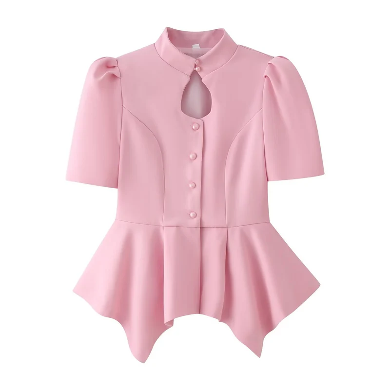 Damen Taillierte Bluse mit Stehkragen, Cut-Out-Ausschnitt und asymmetrischem Schößchen Drune