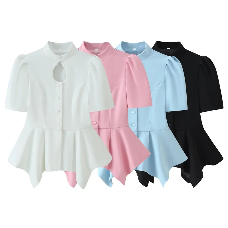 Damen Taillierte Bluse mit Stehkragen, Cut-Out-Ausschnitt und asymmetrischem Schößchen Drune