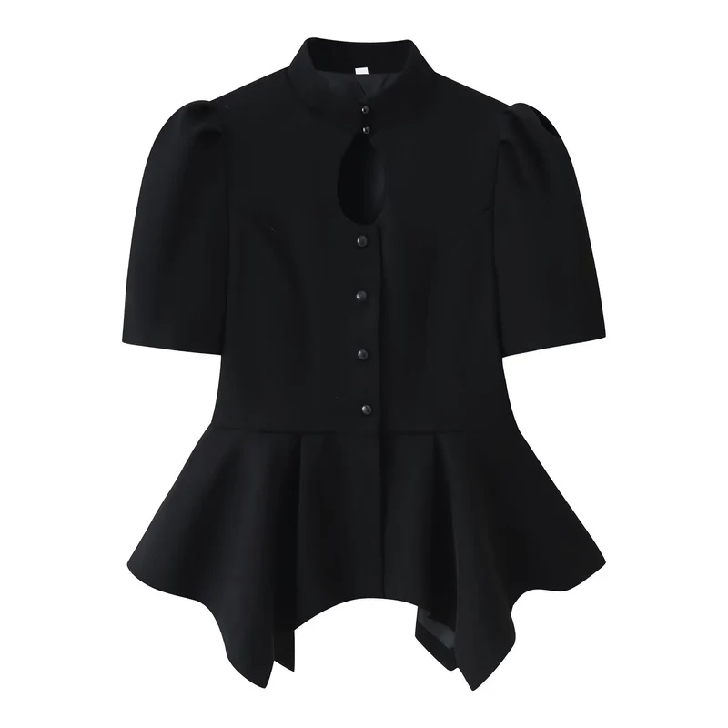 Damen Taillierte Bluse mit Stehkragen, Cut-Out-Ausschnitt und asymmetrischem Schößchen Drune