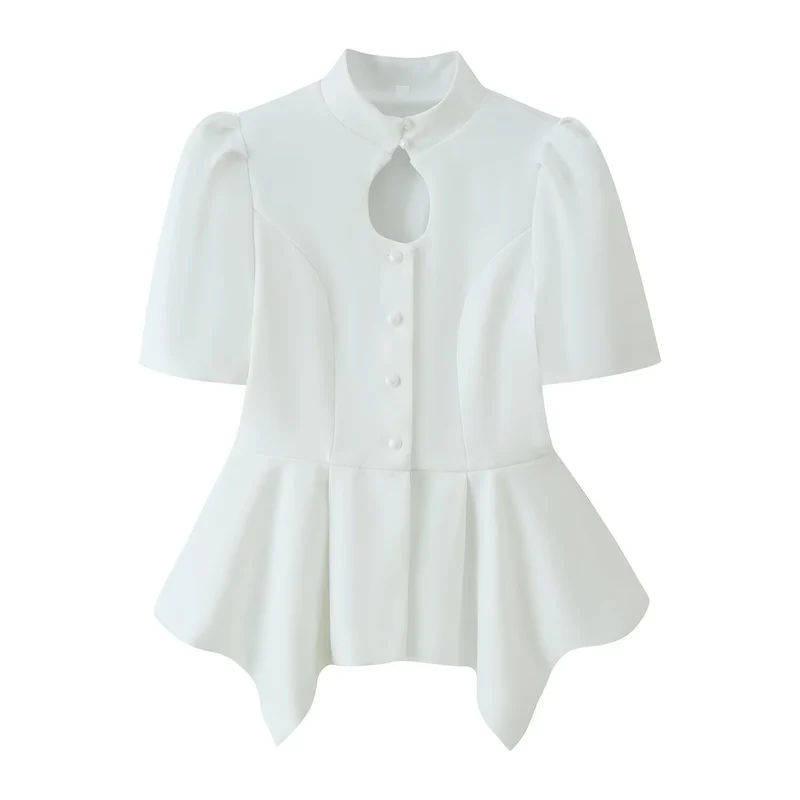 Damen Taillierte Bluse mit Stehkragen, Cut-Out-Ausschnitt und asymmetrischem Schößchen Drune