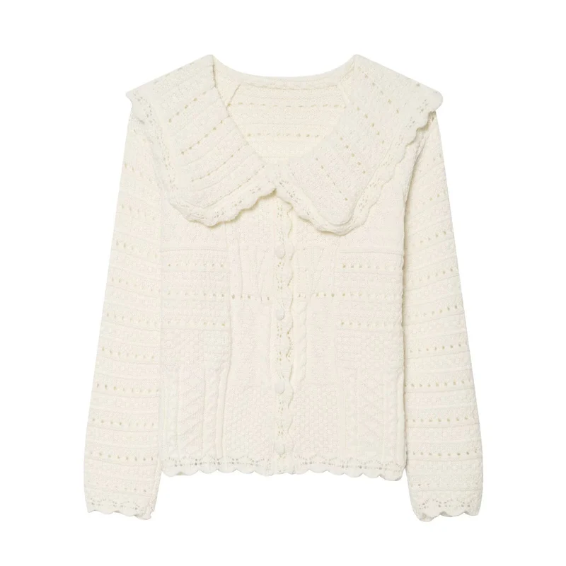 Damen Strickcardigan mit großem scallop-Kragen, Strukturmuster und Zierknopfleiste Drune