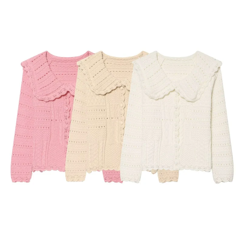Damen Strickcardigan mit großem scallop-Kragen, Strukturmuster und Zierknopfleiste Drune