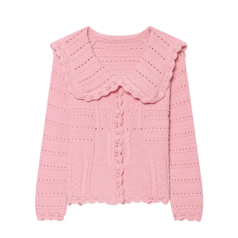 Damen Strickcardigan mit großem scallop-Kragen, Strukturmuster und Zierknopfleiste Drune