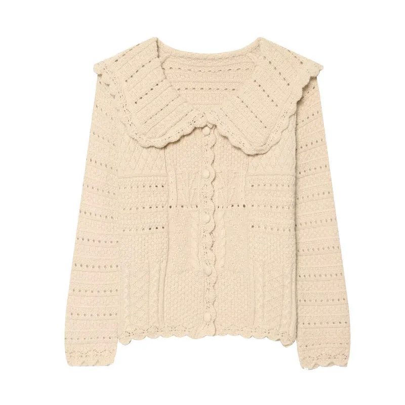 Damen Strickcardigan mit großem scallop-Kragen, Strukturmuster und Zierknopfleiste Drune