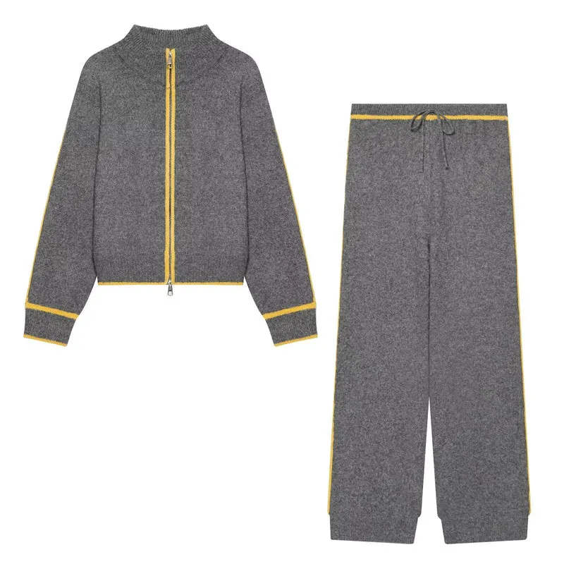 Damen Strick-Set mit Reißverschlussjacke, Stehkragen und weitem Relax-Hosenbein Drune