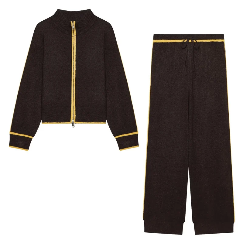 Damen Strick-Set mit Reißverschlussjacke, Stehkragen und weitem Relax-Hosenbein Drune