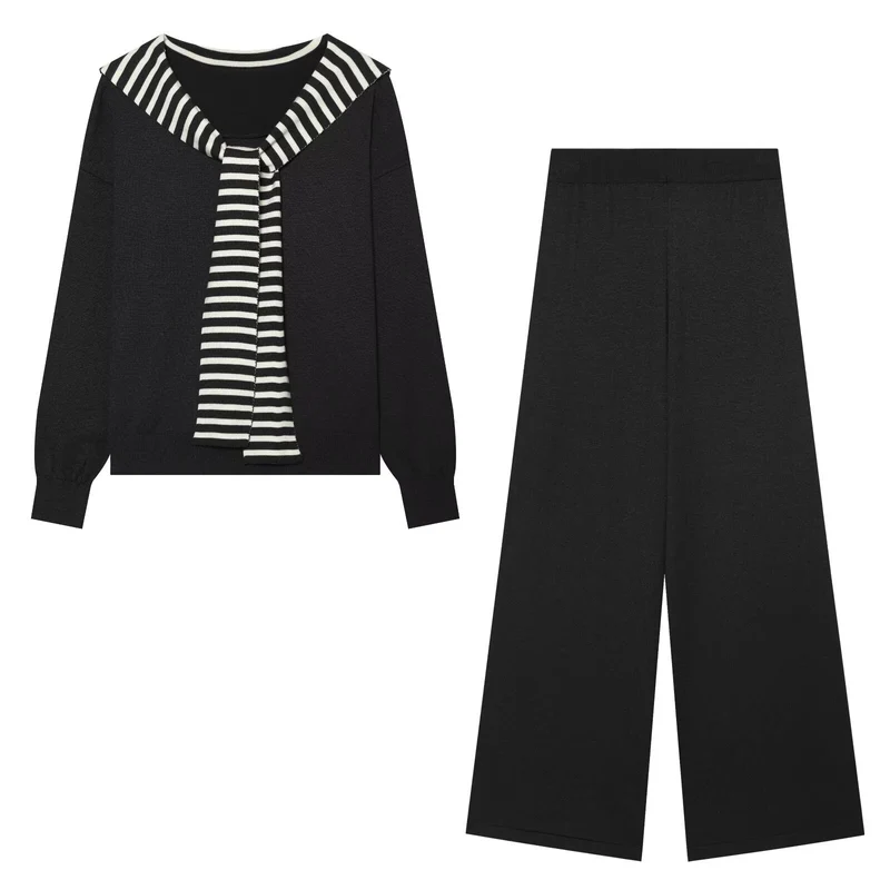 Damen Strick-Lounge-Set mit maritimen Schal-Detail und hoher Taille Drune
