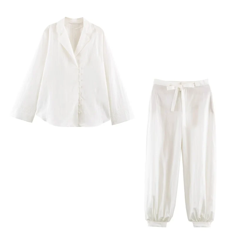 Damen Satin-Lounge-Zweiteiler mit Reversbluse und Highwaist-Joggerhose Drune