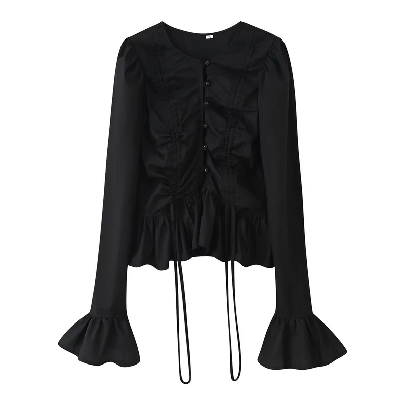 Damen Rüschenbluse mit Kordelzug‑Frontraffung, Volant‑Saum und Glockenärmeln Drune