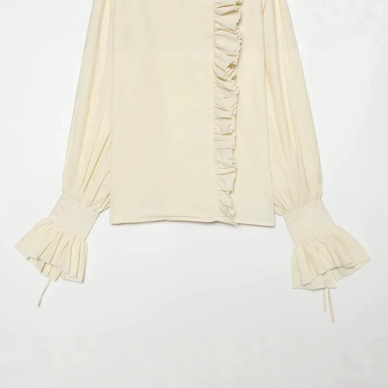Damen Rüschenbluse mit hohem Stehkragen, asymmetrischer Volantleiste und Ballonärmeln Drune