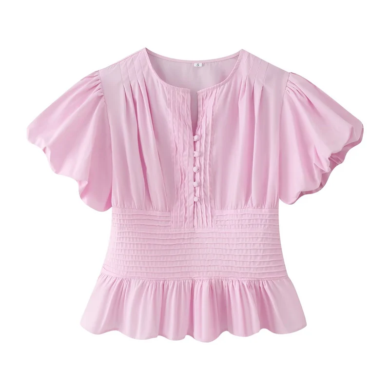 Damen Romantische Bluse mit Puffärmeln, Kellerfalten‑Blende und gesmokter Taille Drune