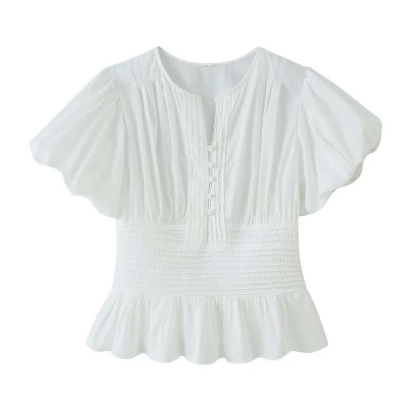 Damen Romantische Bluse mit Puffärmeln, Kellerfalten‑Blende und gesmokter Taille Drune