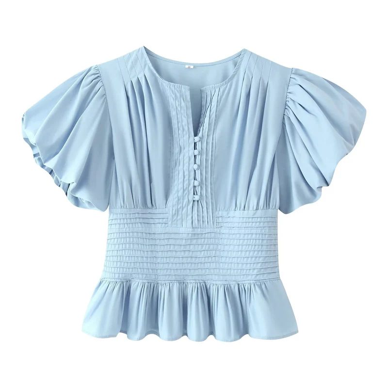 Damen Romantische Bluse mit Puffärmeln, Kellerfalten‑Blende und gesmokter Taille Drune