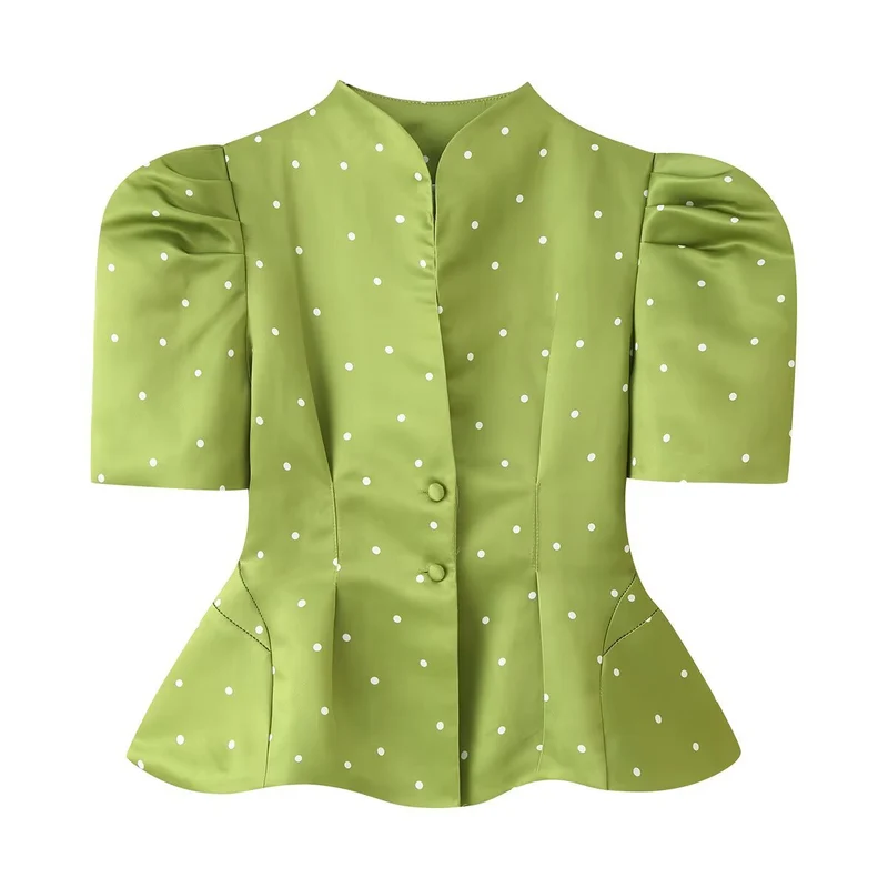 Damen Polka-Dot Bluse mit Stehkragen, Puffärmeln und tailliertem Schößchen Drune