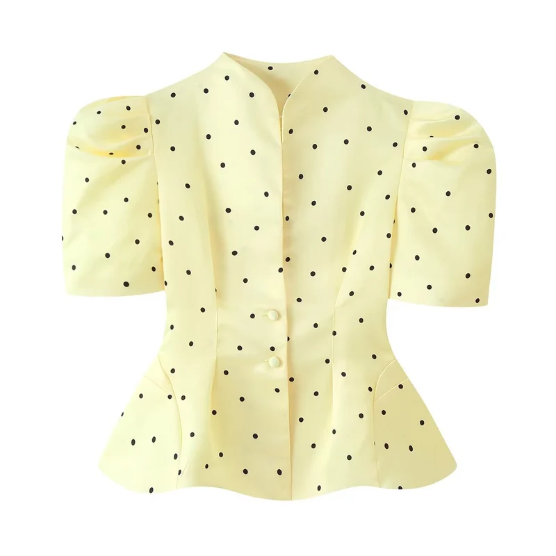 Damen Polka-Dot Bluse mit Stehkragen, Puffärmeln und tailliertem Schößchen Drune