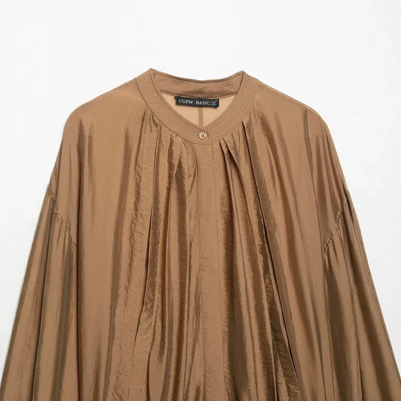 Damen Plissiertes Blouson-Top mit Rundhalsausschnitt, Ballonärmeln und gesmoktem Saum Drune