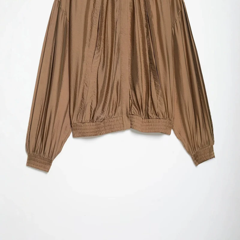 Damen Plissiertes Blouson-Top mit Rundhalsausschnitt, Ballonärmeln und gesmoktem Saum Drune