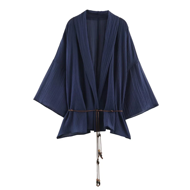 Damen Plissierter Oversize-Kimono mit Hüftkordel und Trompetenärmeln Drune