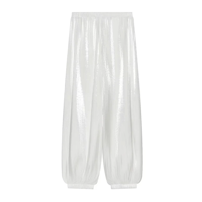 Damen Plissierte glänzende High‑Waist Palazzo-Jogger Drune