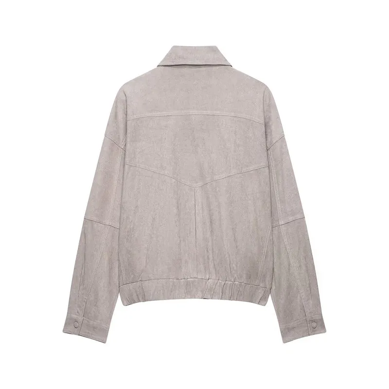 Damen Oversized Veloursleder‑Optik Bomberjacke mit Pattentaschen und elastischem Saum Drune