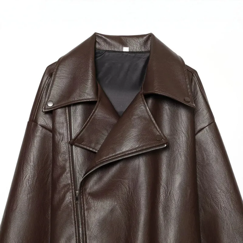 Damen Oversized Bikerjacke aus Kunstleder mit taillierendem Gürtel und asymmetrischem Reißverschluss Drune