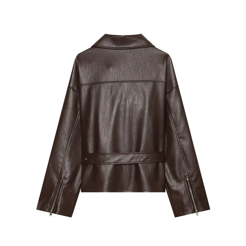 Damen Oversized Bikerjacke aus Kunstleder mit taillierendem Gürtel und asymmetrischem Reißverschluss Drune