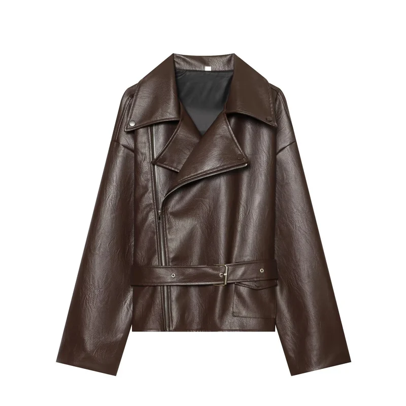 Damen Oversized Bikerjacke aus Kunstleder mit taillierendem Gürtel und asymmetrischem Reißverschluss Drune
