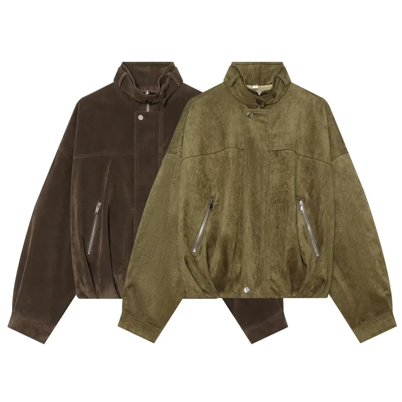 Damen Oversize-Wildleder‑Bomberjacke mit hohem Stehkragen und Reißverschlusstaschen Drune