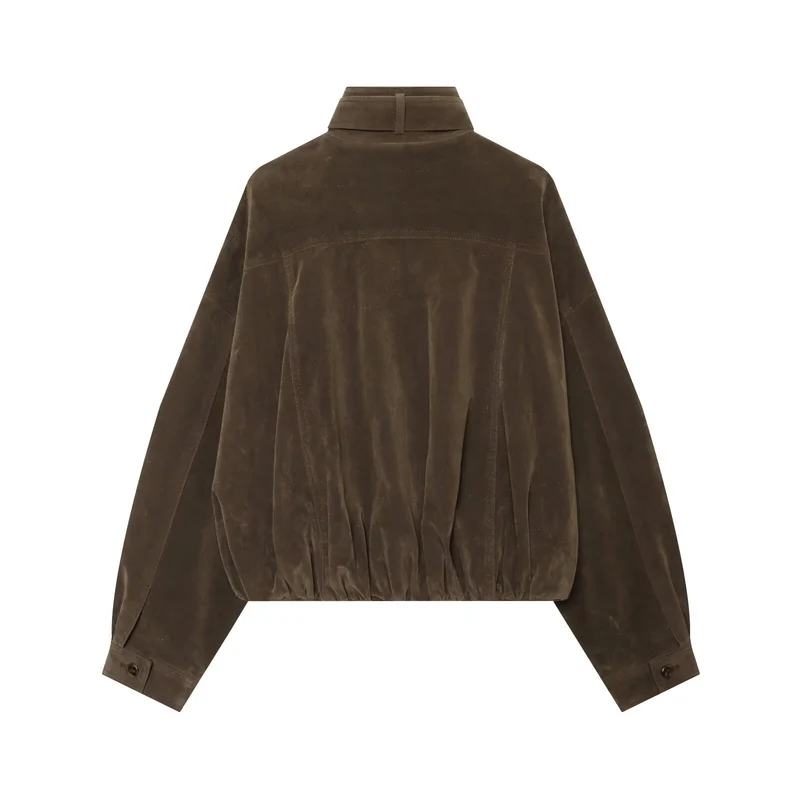 Damen Oversize-Wildleder‑Bomberjacke mit hohem Stehkragen und Reißverschlusstaschen Drune