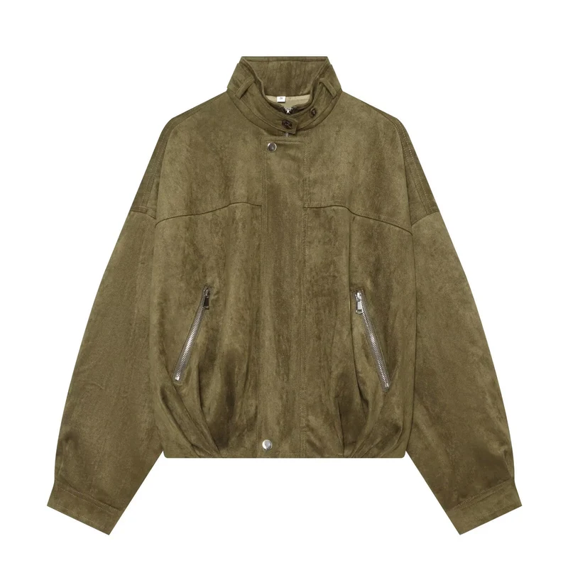 Damen Oversize-Wildleder‑Bomberjacke mit hohem Stehkragen und Reißverschlusstaschen Drune