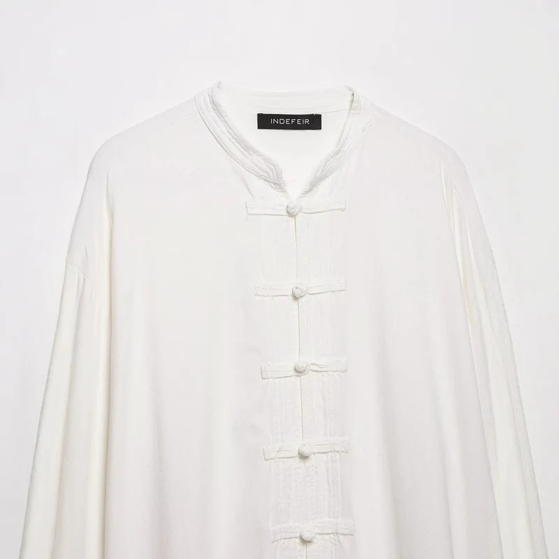 Damen Oversize Tunika‑Bluse im asiatisch inspirierten Stil mit Stehkragen und Zierknotenverschlüssen Drune