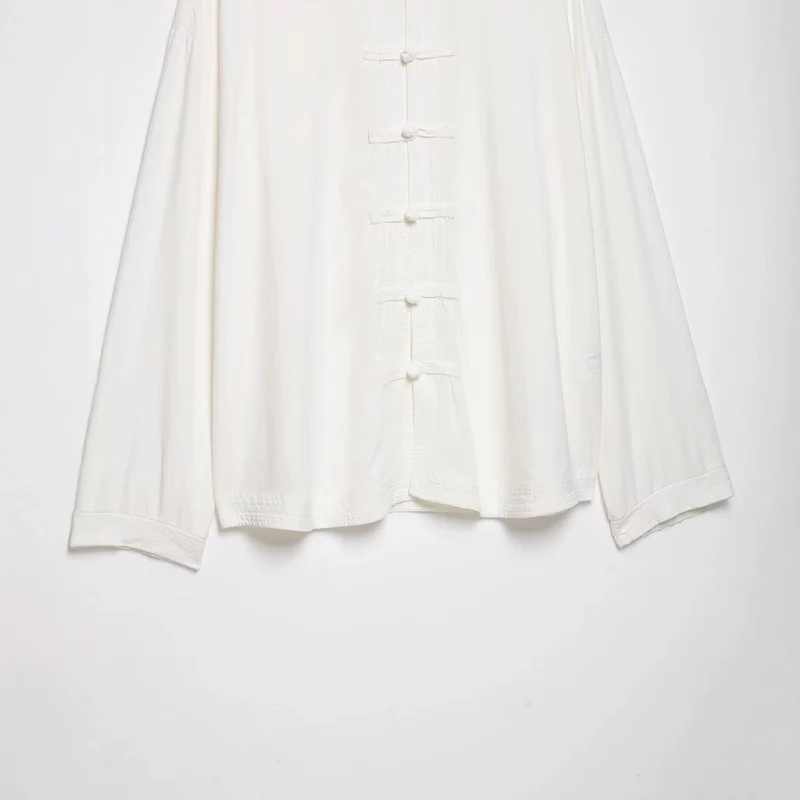 Damen Oversize Tunika‑Bluse im asiatisch inspirierten Stil mit Stehkragen und Zierknotenverschlüssen Drune