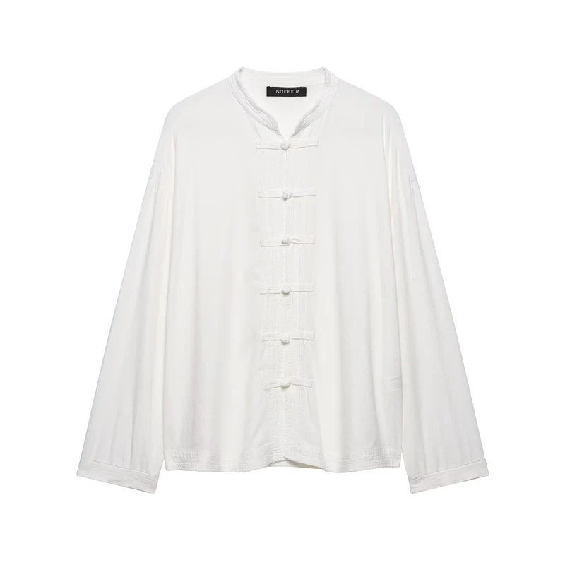 Damen Oversize Tunika‑Bluse im asiatisch inspirierten Stil mit Stehkragen und Zierknotenverschlüssen Drune